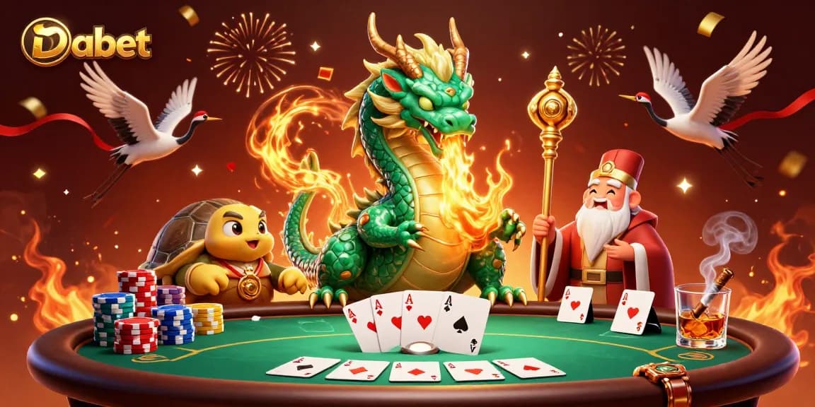 Experience the excitement of Dabet with a vibrant dragon, sage, and cranes amidst casino elements.