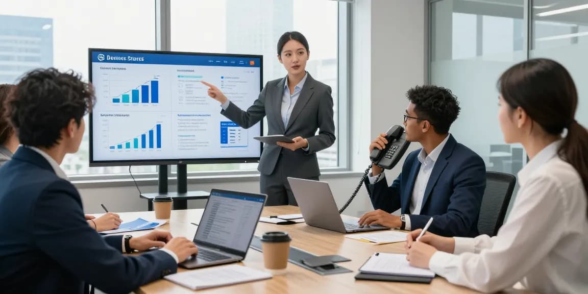 Collaborative meeting on small business phone service strategies in a modern office with professionals discussing data.
