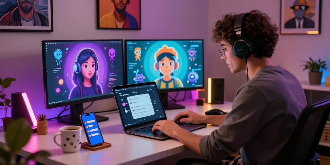 Engaging digital workspace showcasing a user interacting with an 18+ AI chatbot amidst vibrant decor and tech.