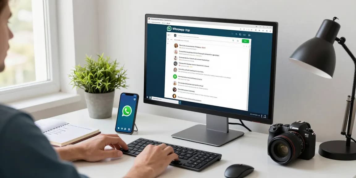 Active user on WhatsApp電腦版 with a sleek computer setup in a bright workspace.