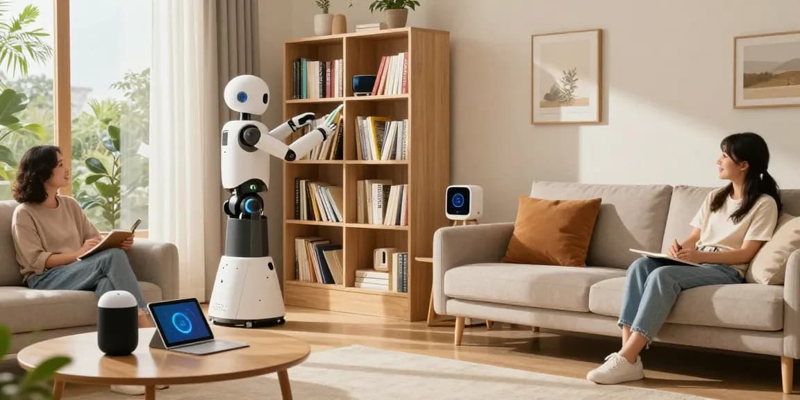 Humanoid home robot NEO organizing bookshelves in a modern living room.