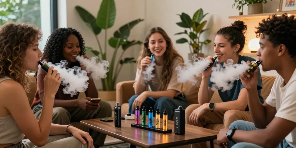 Social gathering showcasing THC vapes and relaxation in a cozy cannabis lounge.