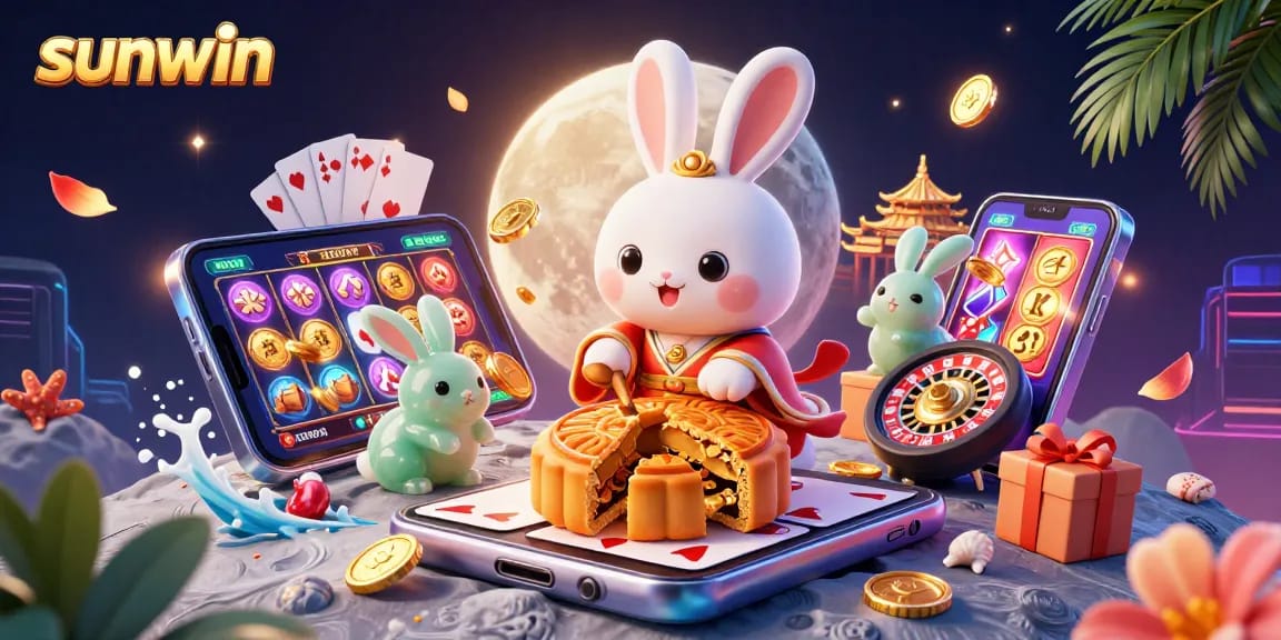 Win big at sunwin with an exciting 3D illustration of a moon rabbit and casino elements.