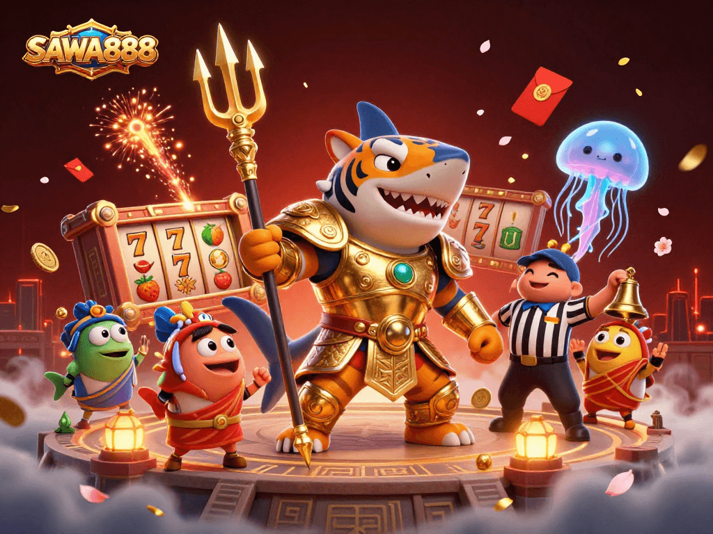 SAWA888 showcases slot gaming excitement with a golden tiger shark in action, surrounded by festive elements.