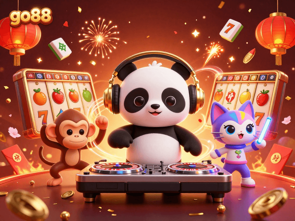 Engage in exhilarating gaming experiences with go88's vibrant 3D casino illustration featuring DJ panda and friends.