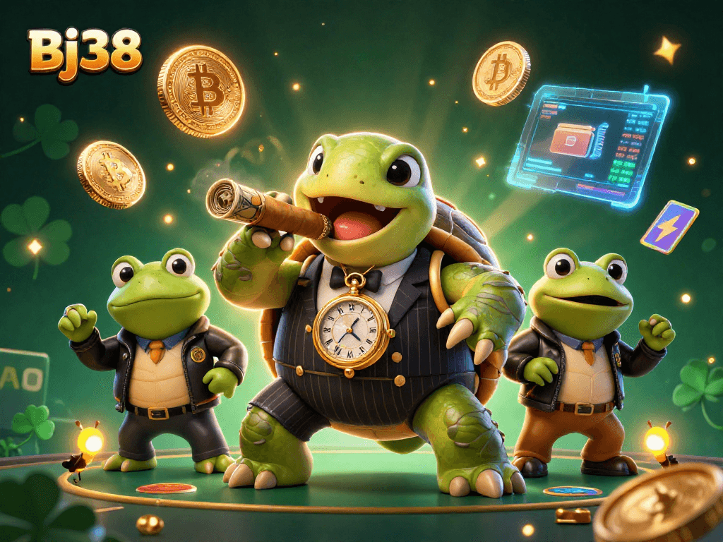 Experience exciting gameplay at Bj38 with a stunning 3D scene featuring a mobster turtle and bullfrog enforcers.