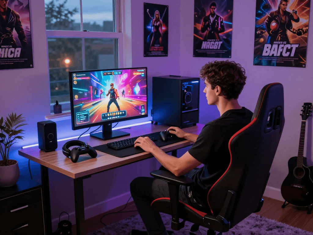 Engaging scene of a player focused on a vibrant porn game setup in a cozy room, highlighting interactive gameplay.