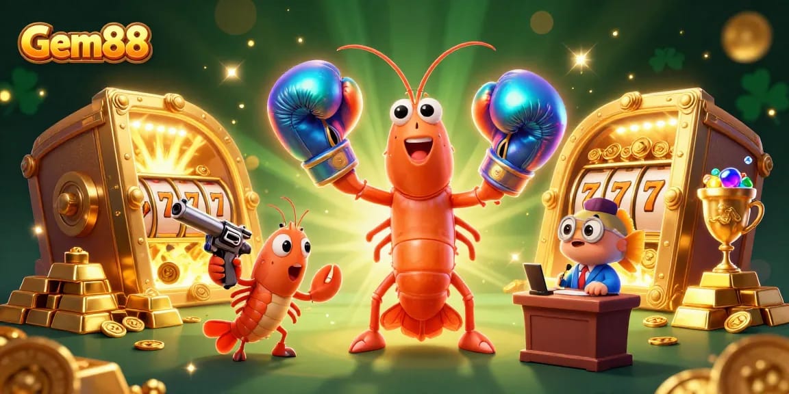 Join Gem88 in a vibrant slot gaming adventure with a 3D cartoon shrimp duo in a treasure-filled casino.