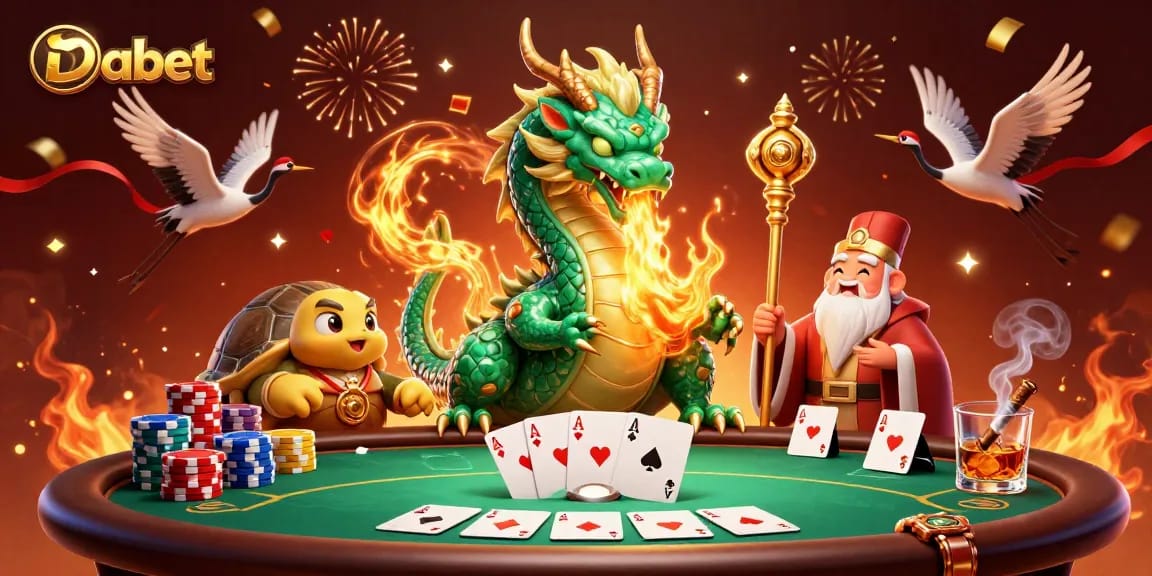 Experience the excitement of Dabet with a vibrant dragon, sage, and cranes amidst casino elements.
