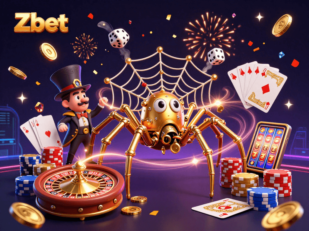 Zbet brings excitement with a steampunk spider catching dice amid casino elements and gold.