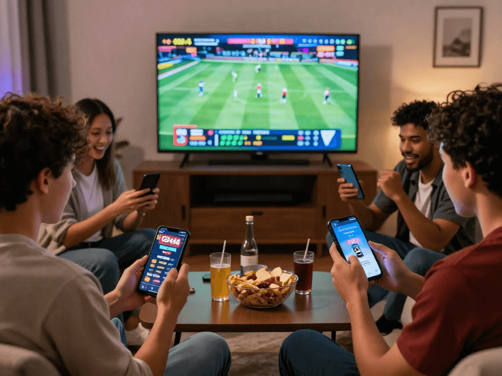 Exciting online gaming experience with friends using the GB444 app in a cozy living room.