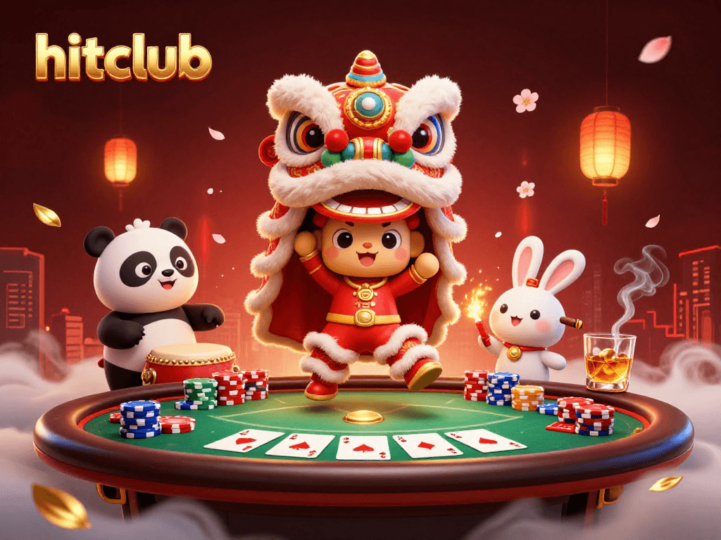 Experience exciting gaming with hitclub as a lively lion dance performs under vivid casino lights.