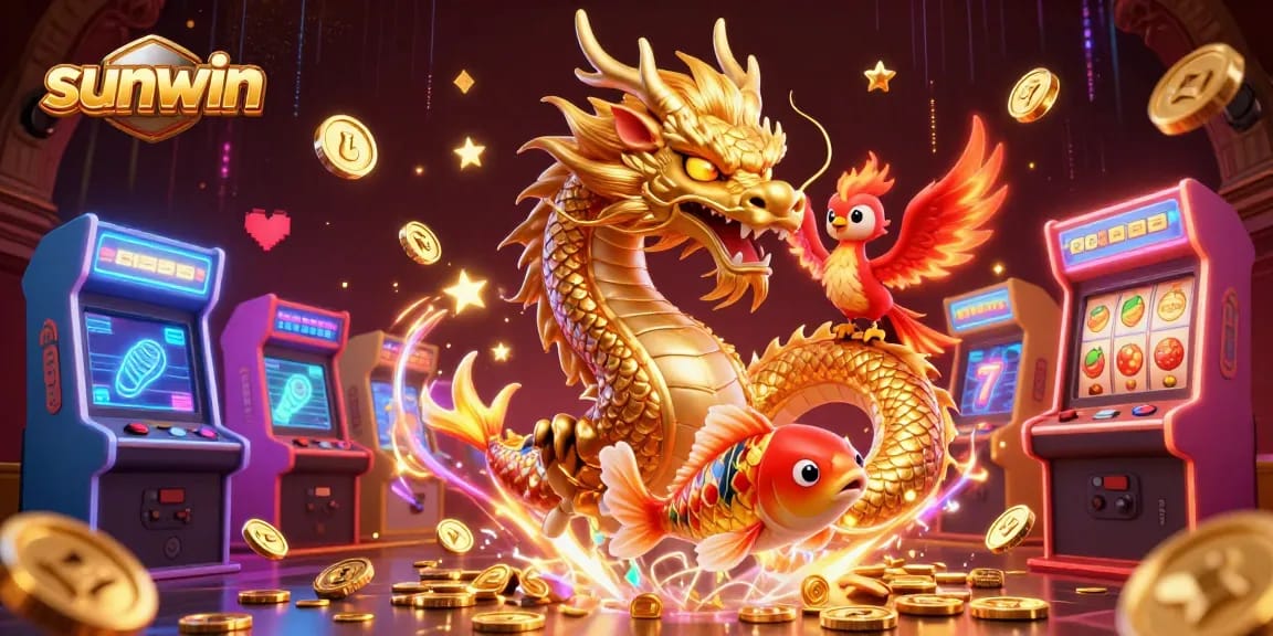 Play slots with sunwin, featuring a dragon, phoenix, and koi fish in a dynamic scene.