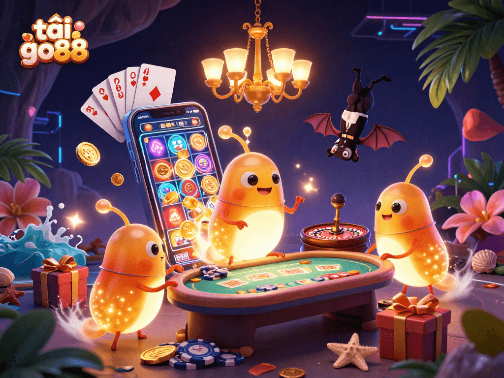 Experience the excitement of tải go88 with colorful games and vibrant casino elements illuminating a whimsical glowworm cave.