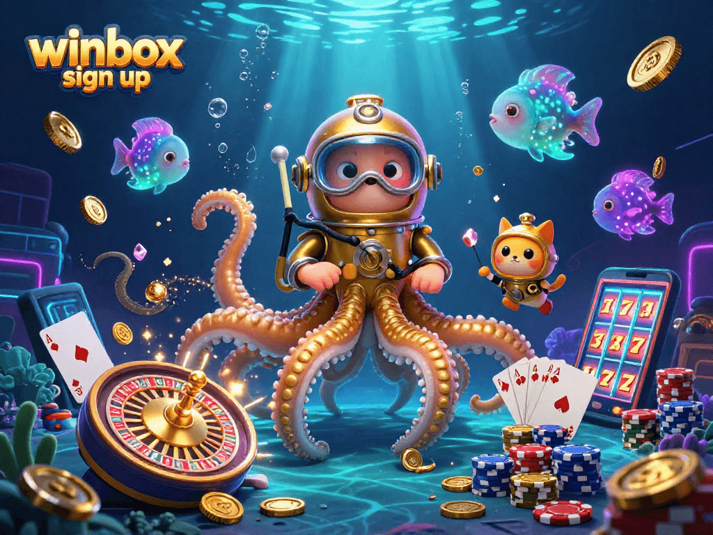 Experience winbox sign up with vibrant gaming elements and a lively 3D casino scene.