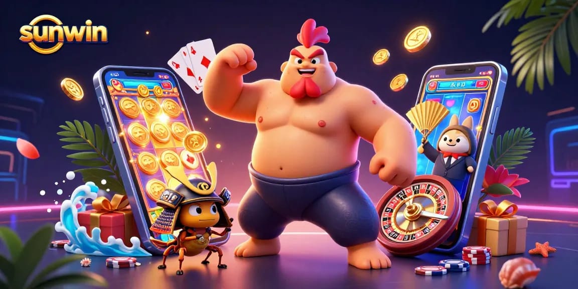 Experience thrilling gaming action with sunwin, featuring dynamic characters and vibrant casino elements.