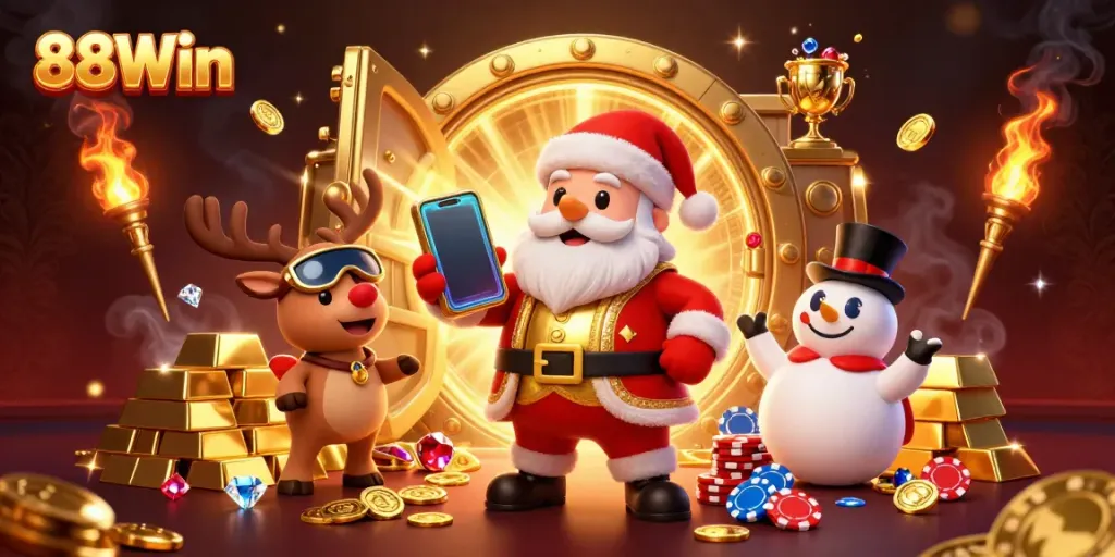 Play jackpot slots with 88Win featuring Santa, a reindeer dealer, and a poker chip snowman.