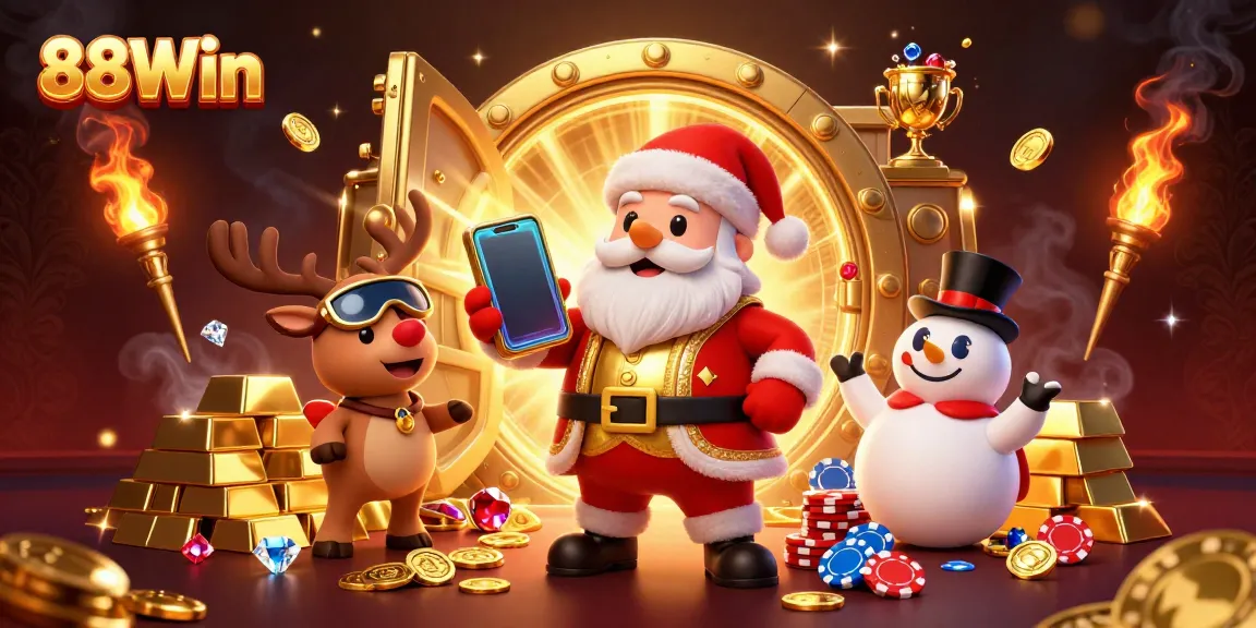 Play jackpot slots with 88Win featuring Santa, a reindeer dealer, and a poker chip snowman.