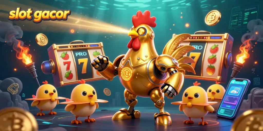 Engage with slot gacor action featuring a golden rooster robot amidst dynamic casino elements and cryptocurrency symbols.
