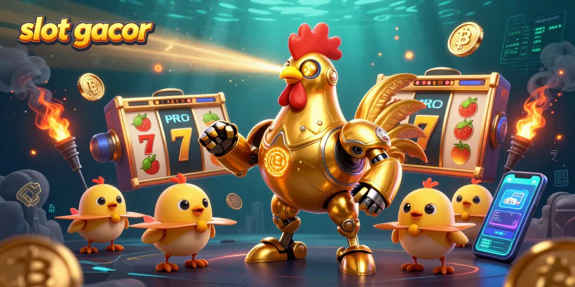 Engage with slot gacor action featuring a golden rooster robot amidst dynamic casino elements and cryptocurrency symbols.