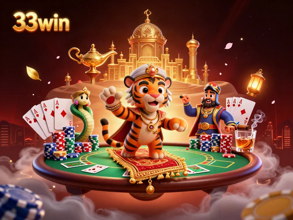 Experience the excitement of 33win with a vibrant casino scene showcasing poker elements and animated characters.