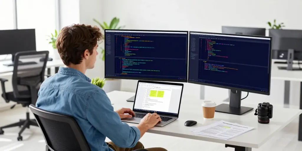 Developer utilizing instant indexing tools at a modern tech workspace.