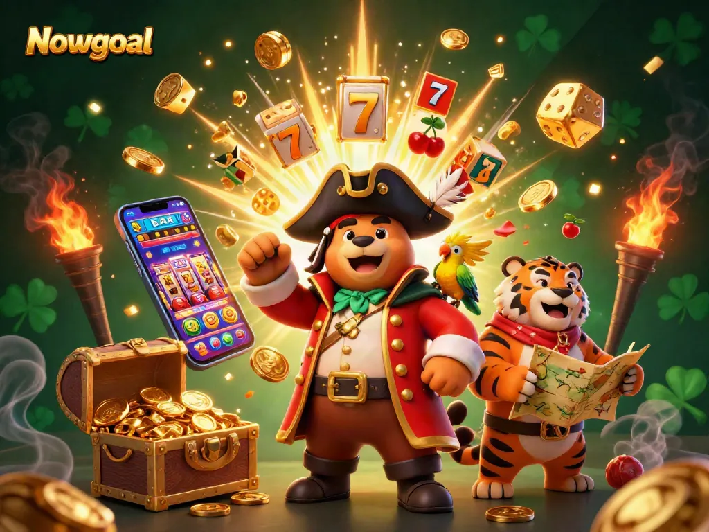 Enjoy thrilling action with Nowgoal's vibrant slot machine jackpot burst, showcasing lively casino elements.