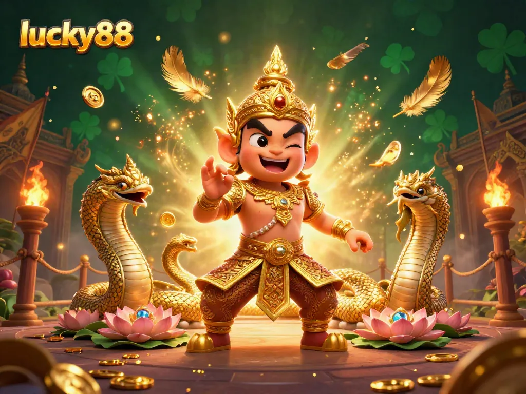 Experience lucky88's vibrant casino action with a guardian, Naga serpents, and dynamic gambling elements.