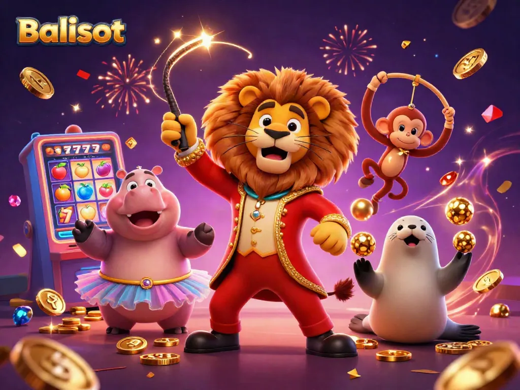 Experience Balislot thrills with an animated circus scene featuring joyful characters and vivid slot symbols.