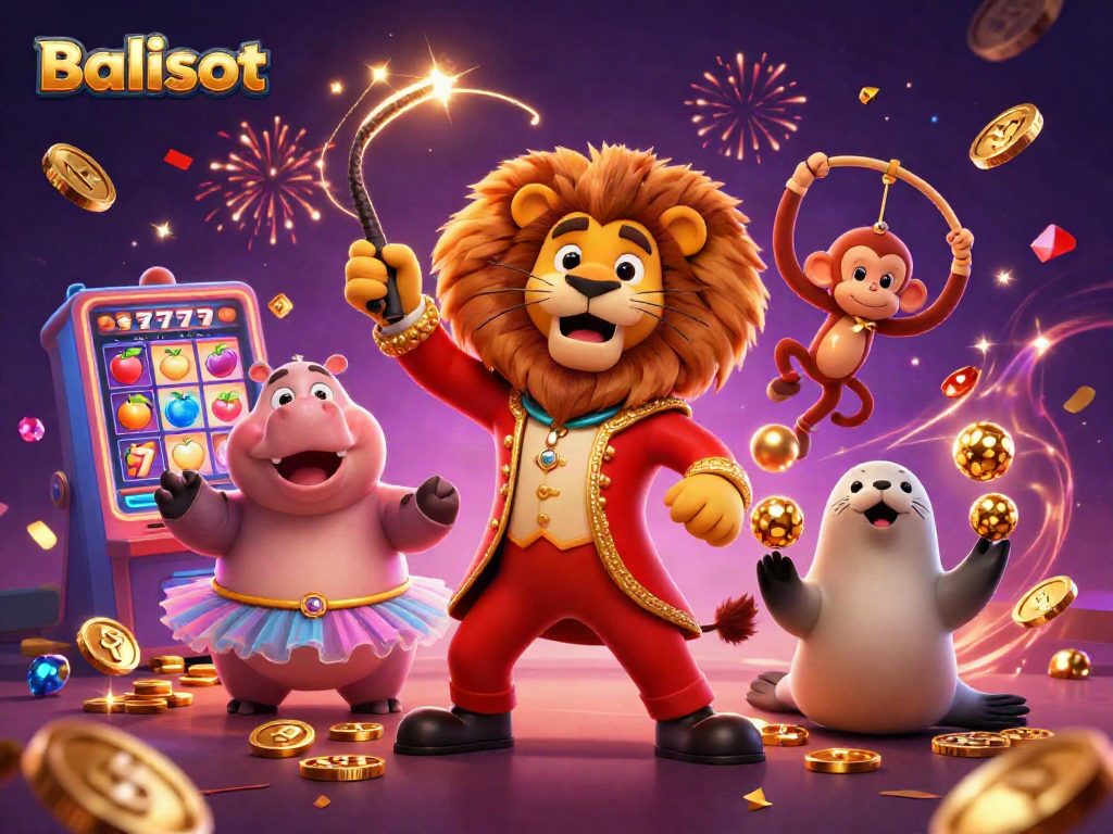 Experience Balislot thrills with an animated circus scene featuring joyful characters and vivid slot symbols.