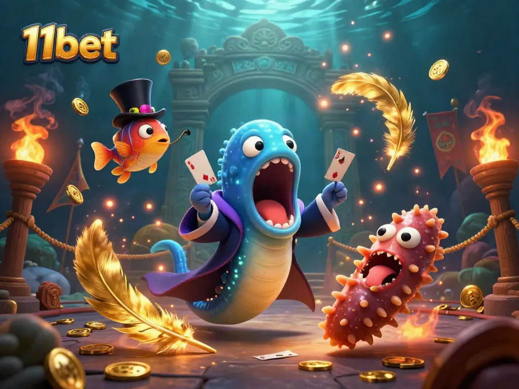 Engage with thrilling card tricks at 11bet, featuring a ultimate casino underwater scene with vibrant characters.