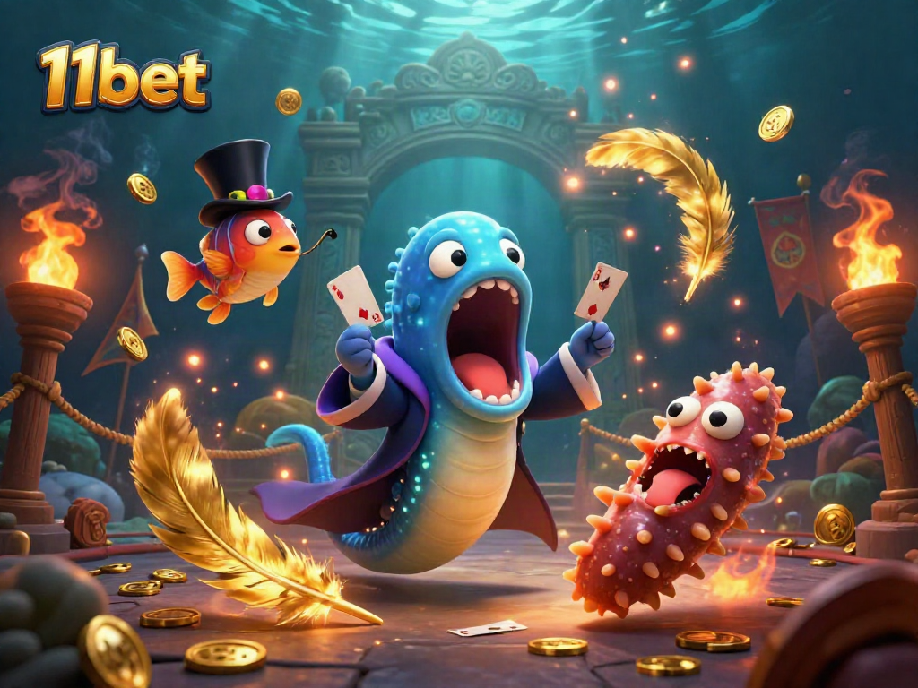 Engage with thrilling card tricks at 11bet, featuring a ultimate casino underwater scene with vibrant characters.
