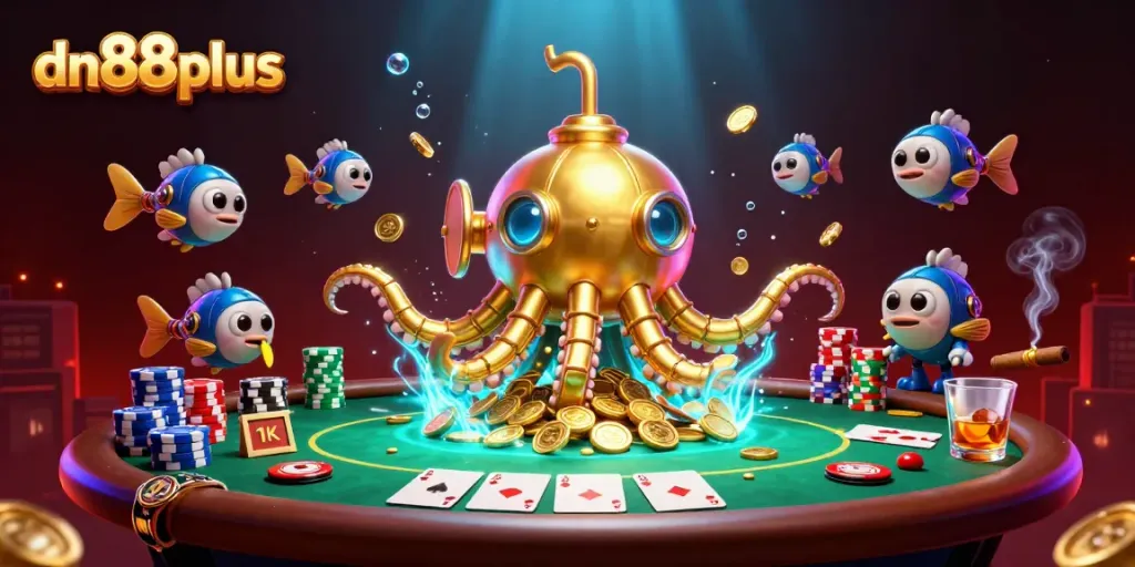 Engage in thrilling gameplay at dn88plus with a vibrant 3D casino scene showcasing interactive poker elements.