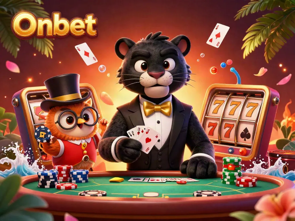 Onbet's vibrant scene showcases a stylish panther dealing cards with friends at a lively poker table.
