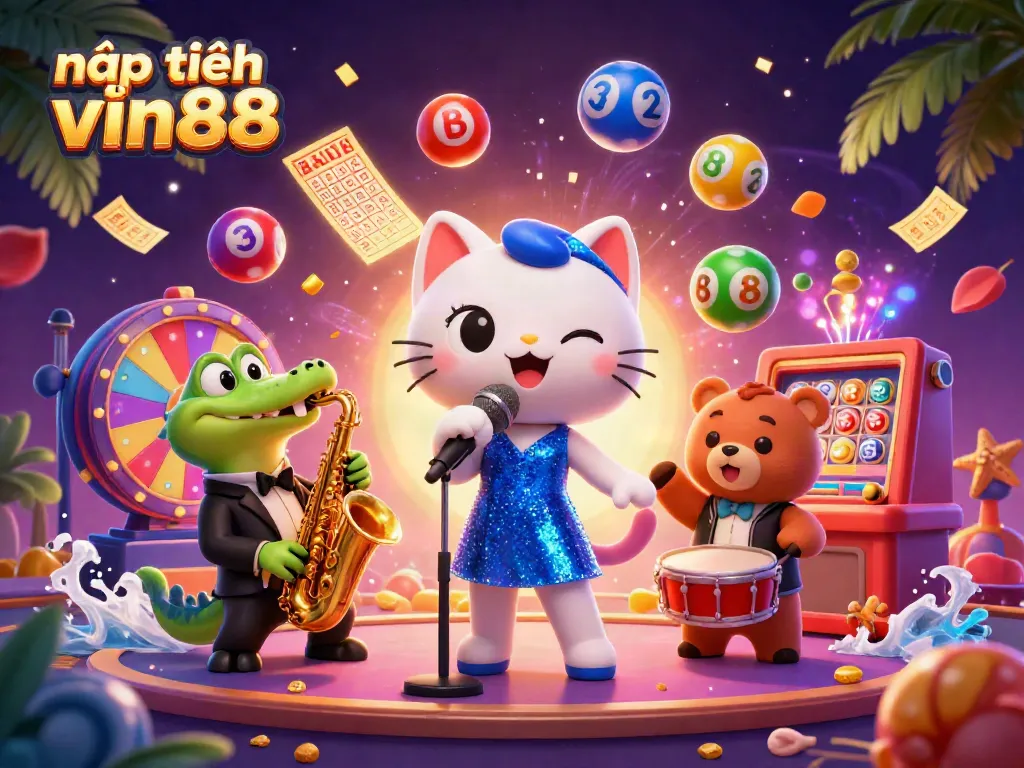 nạp tiền vin88 illustrated scene with a singing cat, saxophone crocodile, and drum bear