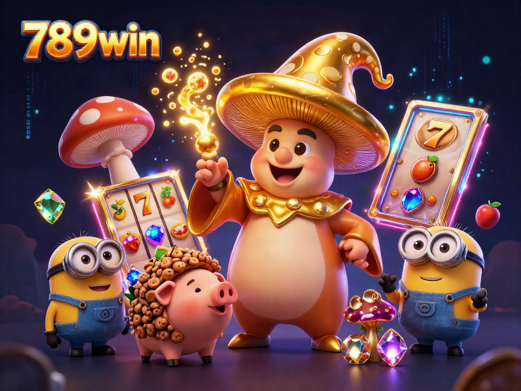 789win showcases a magical casino world with a wizard and treasure-seeking pig amidst slots and jackpots.