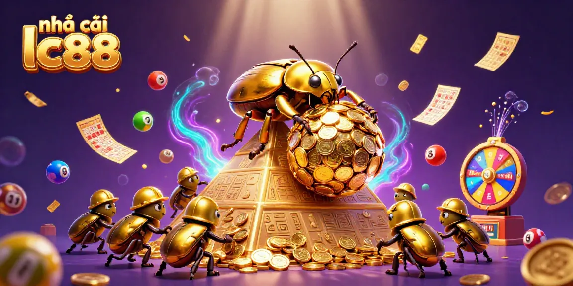 Experience the excitement of nhà cái lc88 with a vibrant 3D illustration showcasing golden beetles and casino elements.