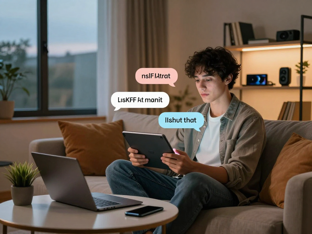Engaging in nsfw ai chat session in a cozy modern setting with digital devices.