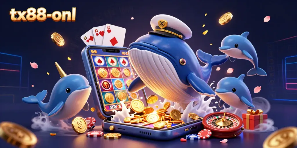 Engage in thrilling casino fun with tx88-onl's vibrant animated scene featuring a whale, playful dolphins, and dynamic gaming elements.