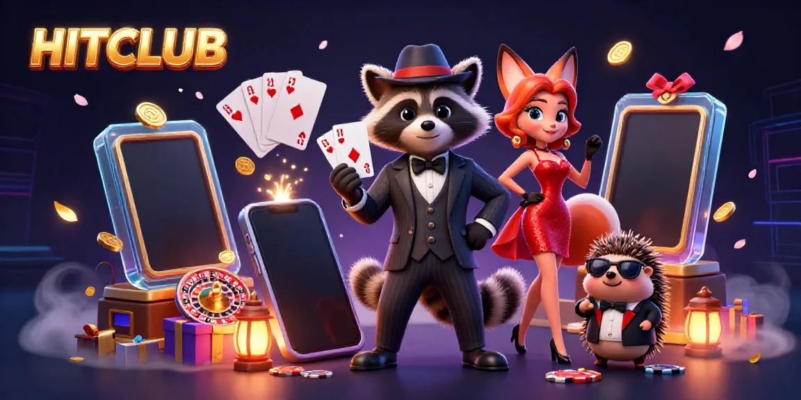 HITCLUB showcases 3D raccoon, fox, and hedgehog in a casino setting, featuring dynamic gambling elements.