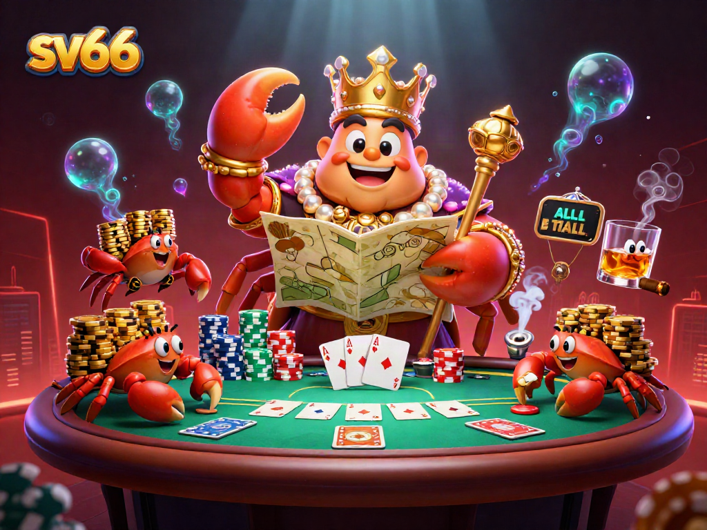 Engage with sv66, the leading online casino featured with a golden crab emperor among vibrant gambling elements.