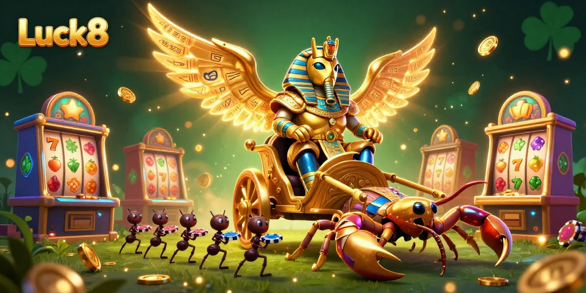 Luck8's colossal golden scarab beetle leads a dynamic casino adventure with slot machines and golden details.