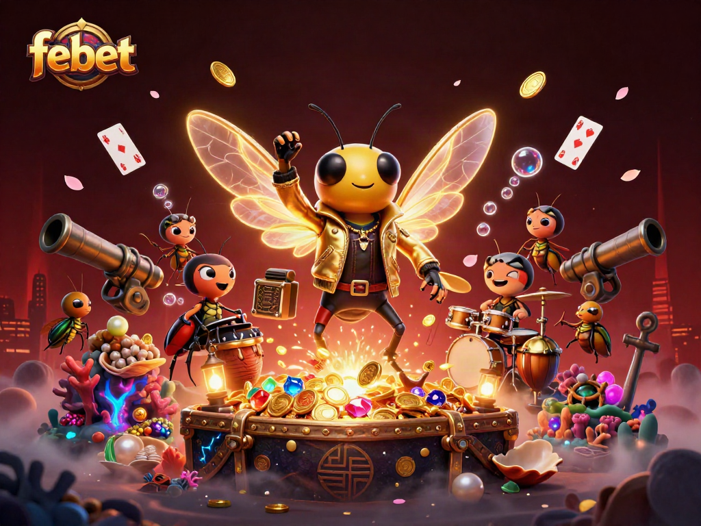 Experience the excitement of febet's vibrant casino scene featuring dynamic characters and treasure elements.