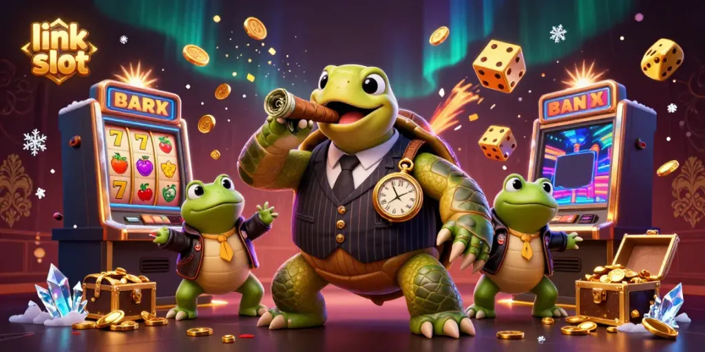 Experience thrilling action with link slot featuring a mobster turtle and bullfrog enforcers amidst a vibrant casino setting.