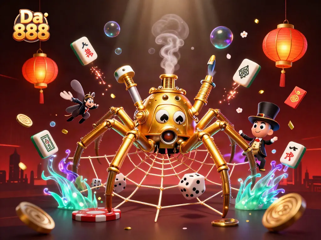 Engage with Da 888 through a spectacular 3D illustration of a golden steampunk spider web and lucky elements.