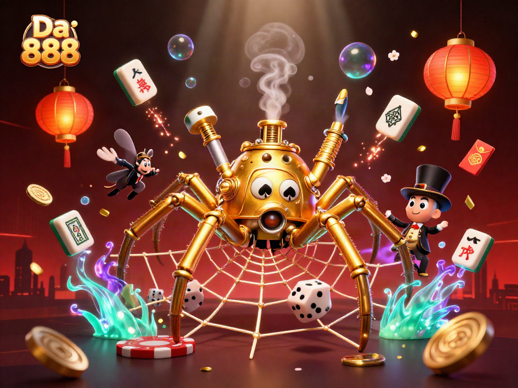 Engage with Da 888 through a spectacular 3D illustration of a golden steampunk spider web and lucky elements.