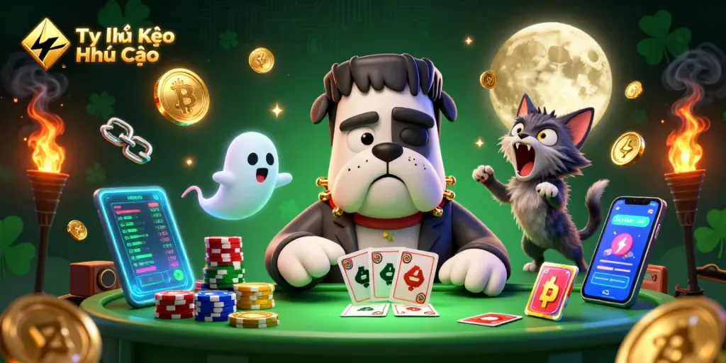 Experience the thrilling Tỷ lệ Kèo Nhà Cái with a unique gaming scene featuring vibrant characters and crypto elements.