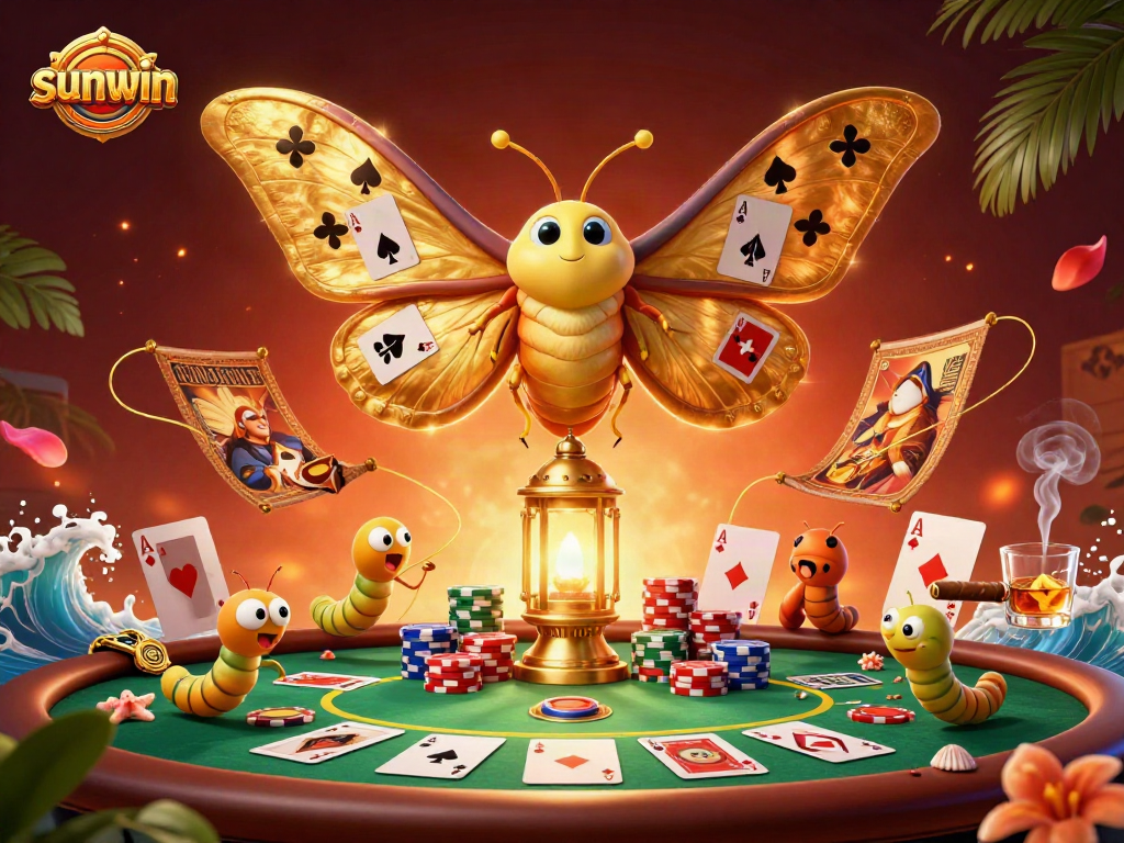 Engage with thrilling games at sunwin as a golden moth interacts with vibrant casino elements.