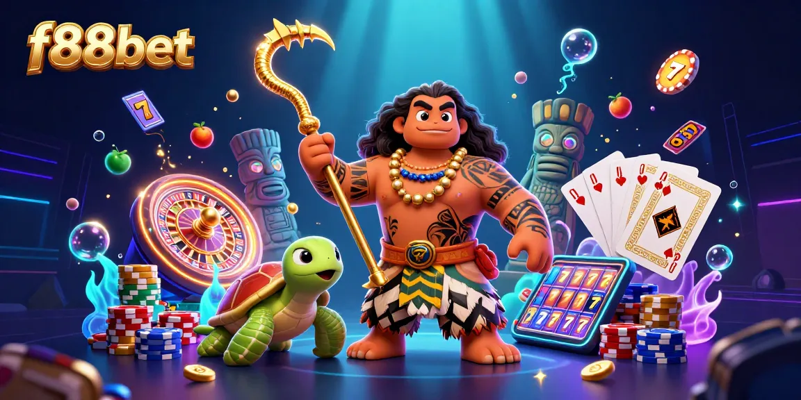 Win with f88bet in this vibrant casino illustration filled with lively games and symbols.