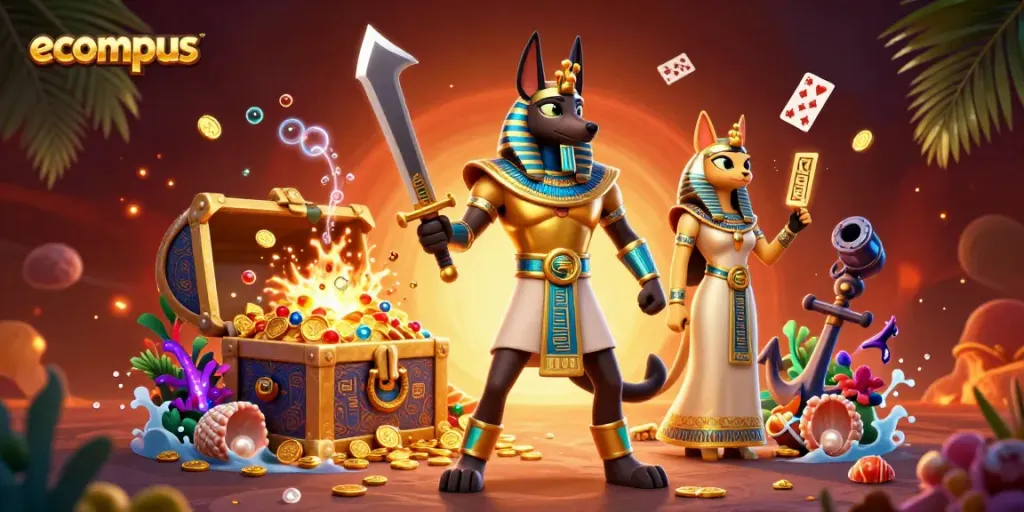 Experience ecompus gaming with Anubis, Bastet, and a world of treasure in a vibrant 3D illustration.